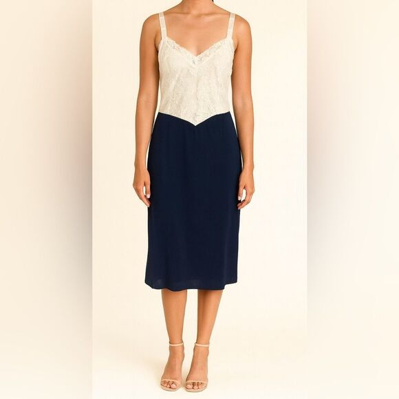 Vintage Navy Blue & White Lace Slip Dress Lingerie 38B Elegant Retro Style - Picture 1 of 8